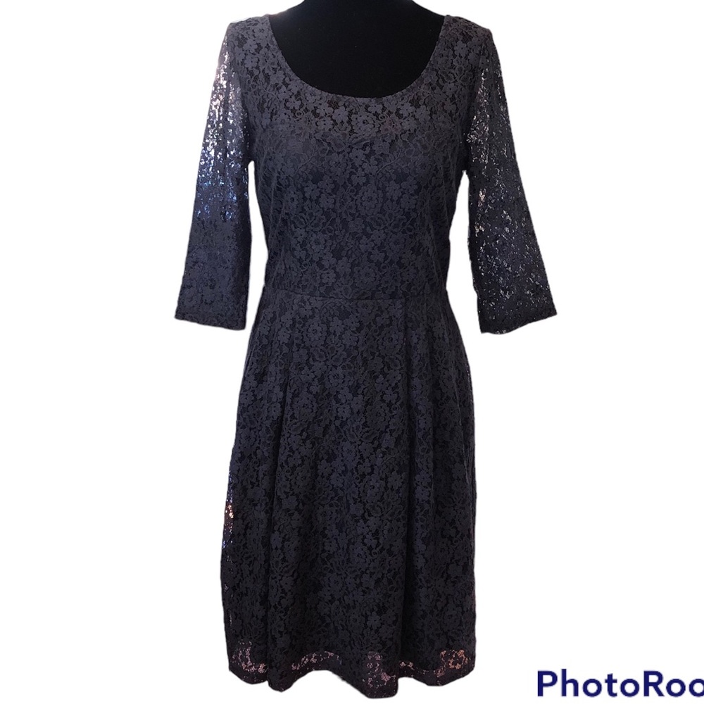 Betsey Johnson Womens Lace Scoop Neck Mini Dress Navy Blue size 6 3/4 Sleeves